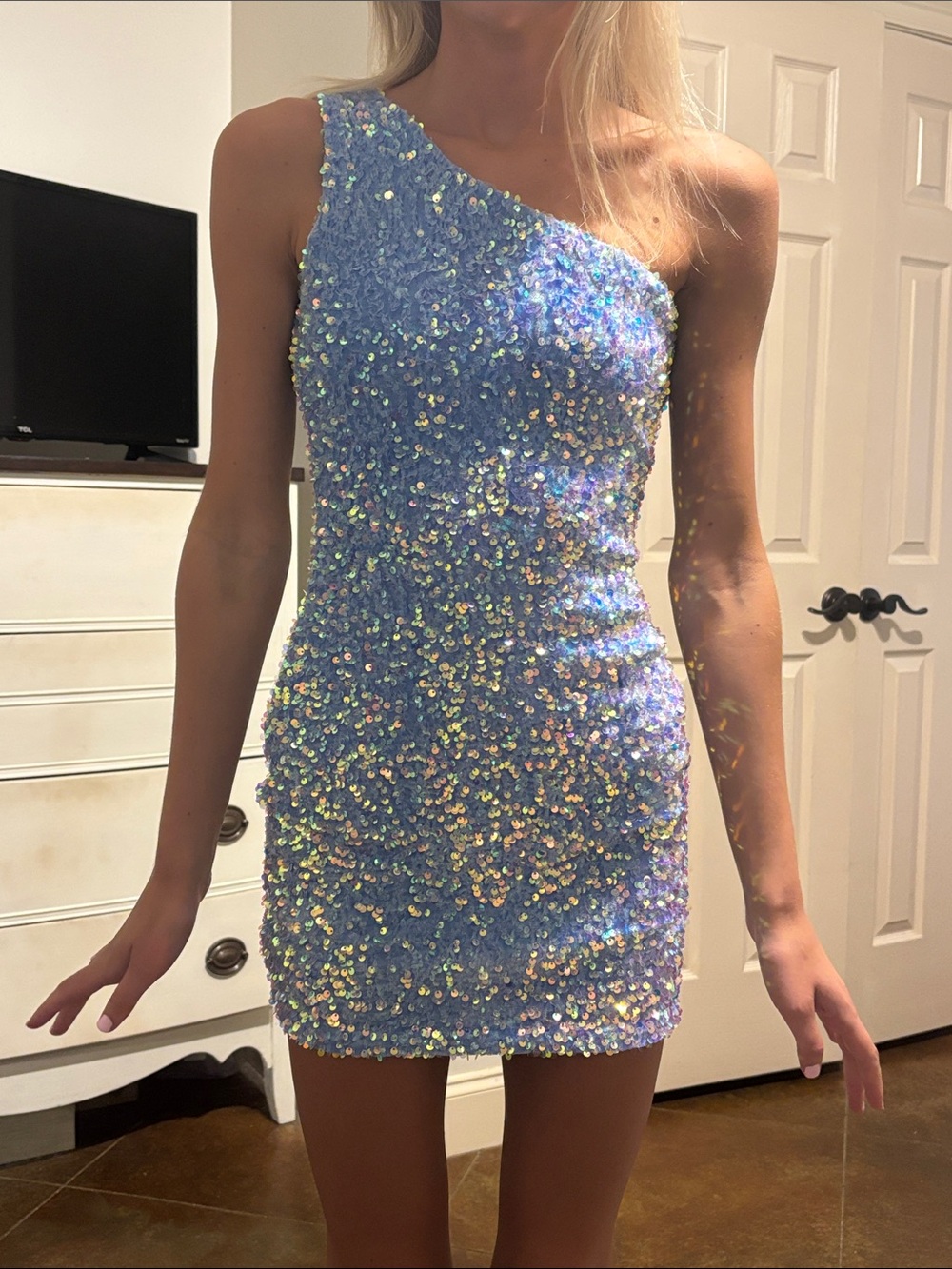Velvi Blue Sequin One-Shoulder Mini Dress